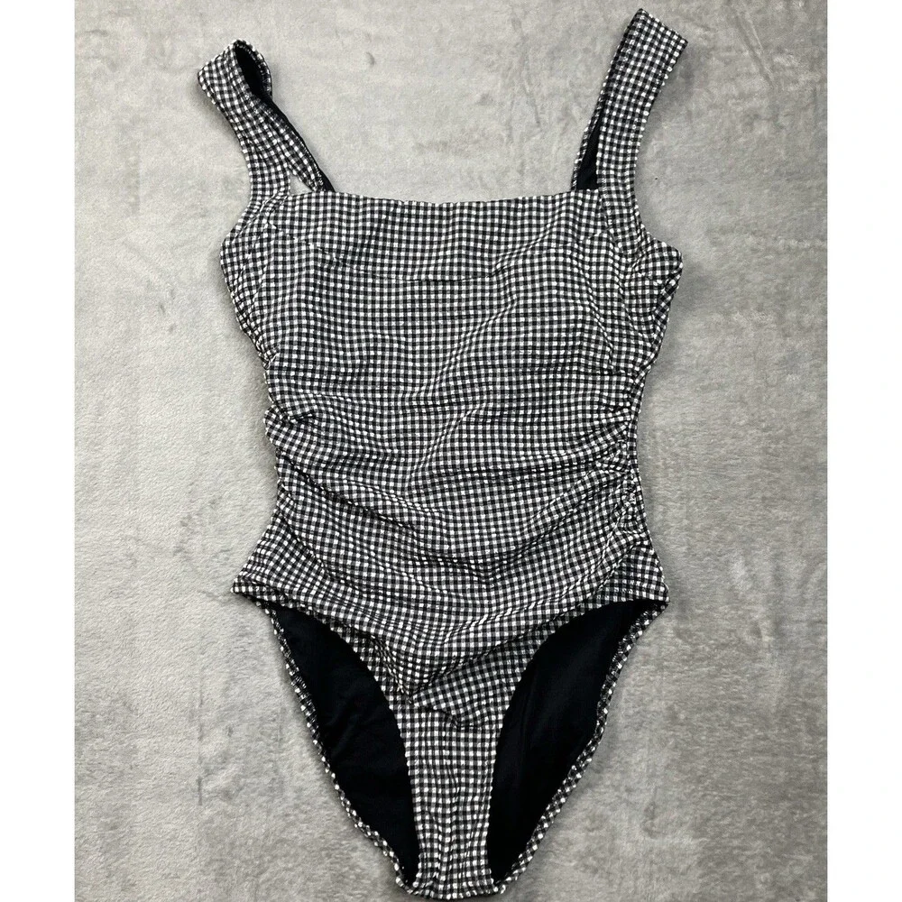 J Crew Nia Gingham Ruched Squareneck One-Piece Swimsuit Womens 8 Black & White